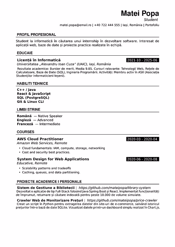 Previzualizare model CV Aba în editorul CVhub.ro