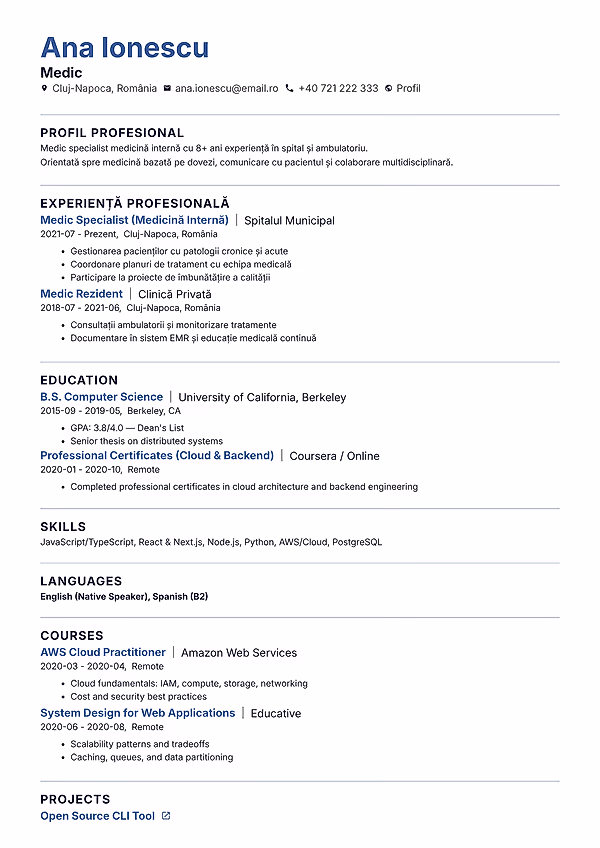 Previzualizare model CV Cascade în editorul CVhub.ro