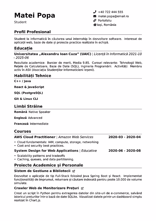 Previzualizare model CV Classic în editorul CVhub.ro