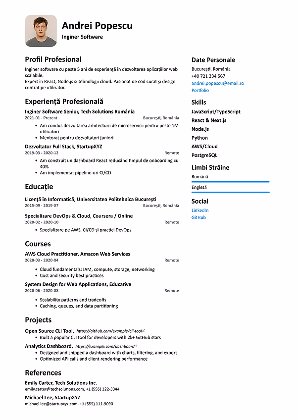 Previzualizare model CV Clean Start în editorul CVhub.ro