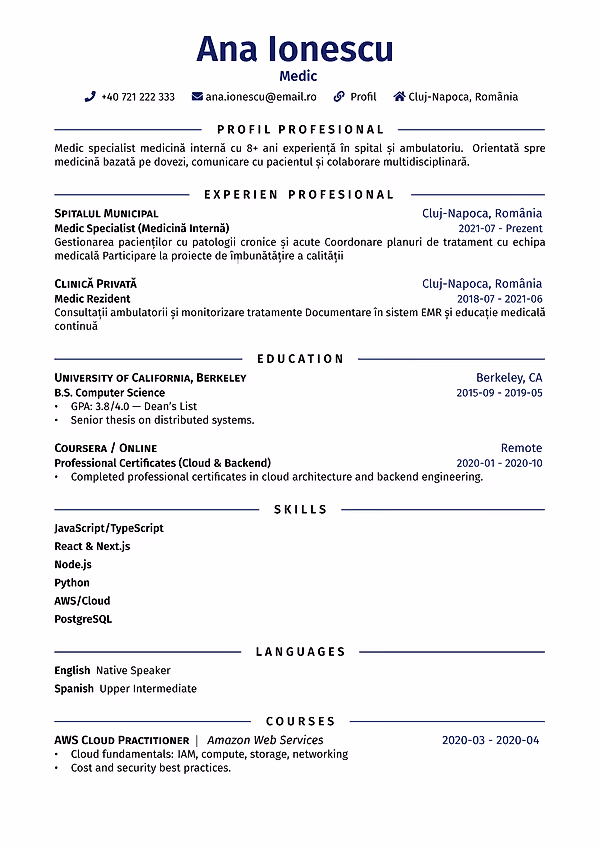 Previzualizare model CV England în editorul CVhub.ro