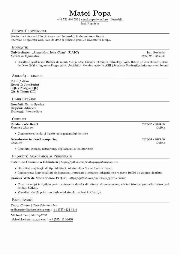 Previzualizare model CV Jake's în editorul CVhub.ro