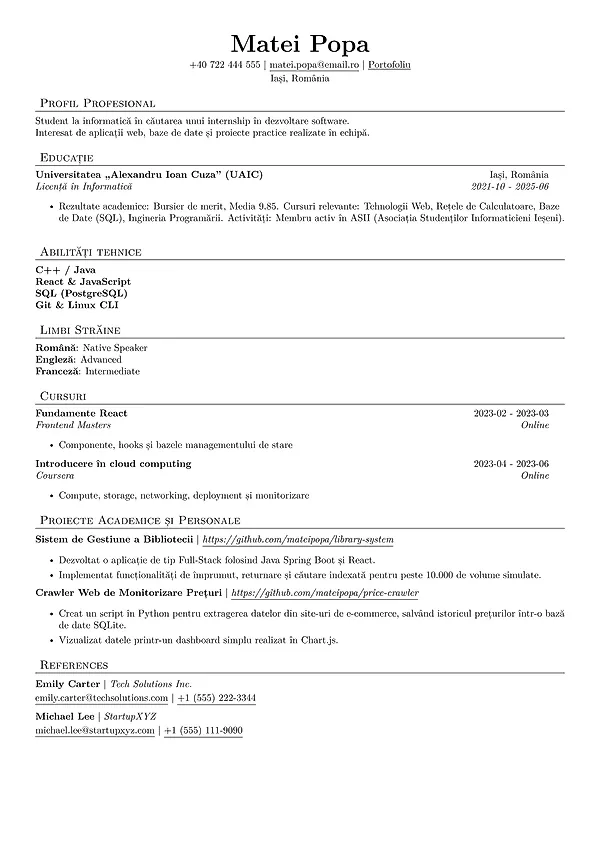 Previzualizare CV pentru software developer