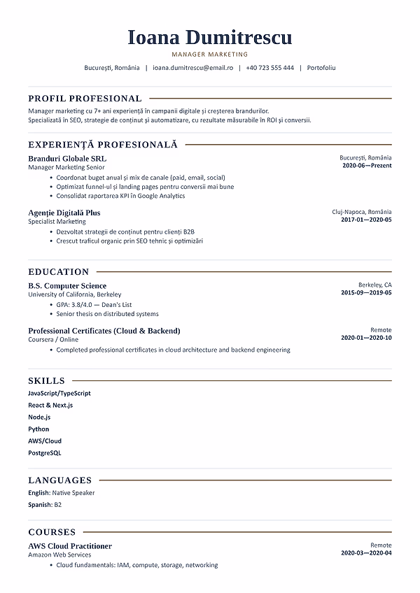 Previzualizare model CV Langford în editorul CVhub.ro