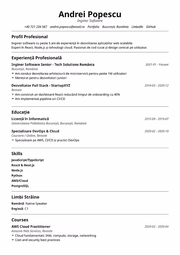 Previzualizare model CV Meridian în editorul CVhub.ro