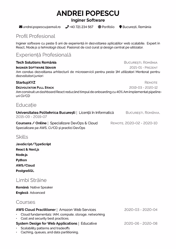 Previzualizare model CV Modern în editorul CVhub.ro