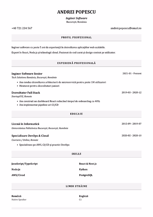Previzualizare model CV Monocrom în editorul CVhub.ro