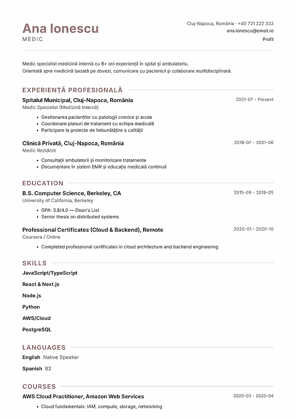 Previzualizare model CV Pemberton în editorul CVhub.ro