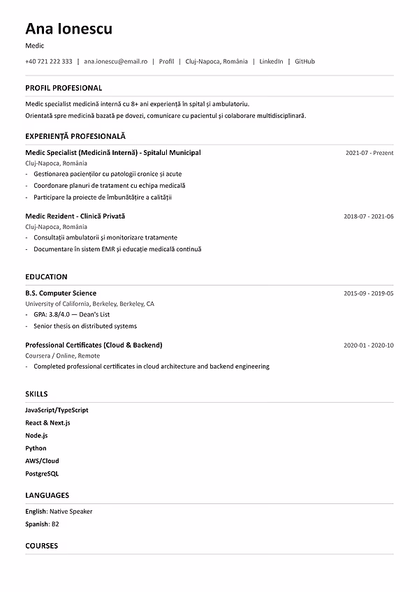 Previzualizare model CV Prague în editorul CVhub.ro