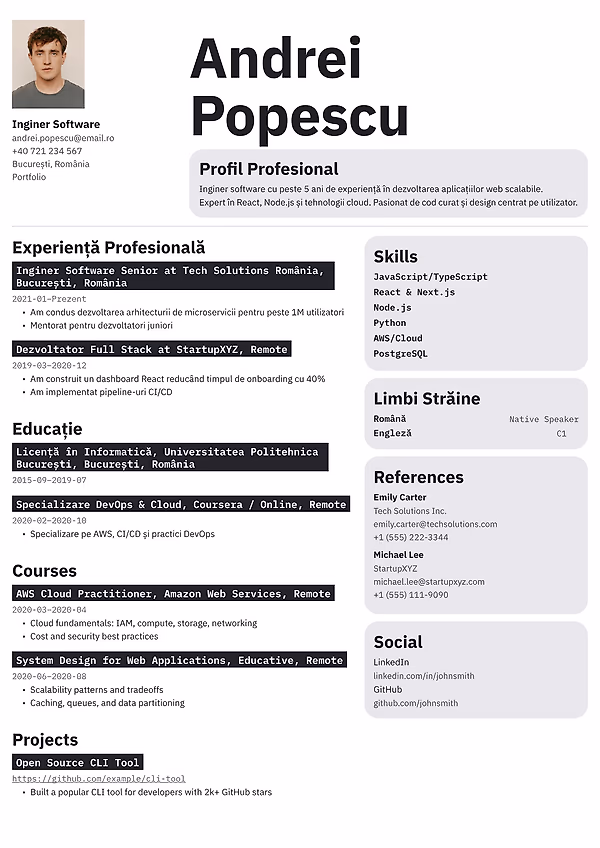 Previzualizare model CV Riverton în editorul CVhub.ro