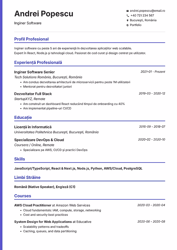 Previzualizare model CV Sidebar în editorul CVhub.ro