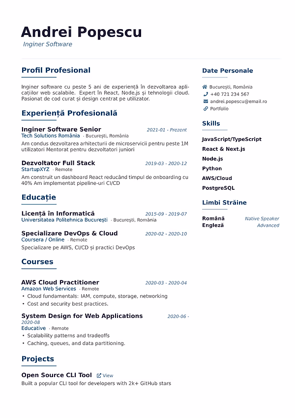 Previzualizare model CV Spain în editorul CVhub.ro