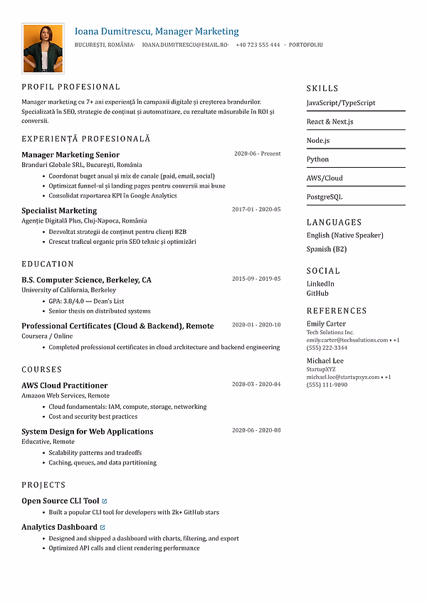Previzualizare model CV Stonebridge în editorul CVhub.ro