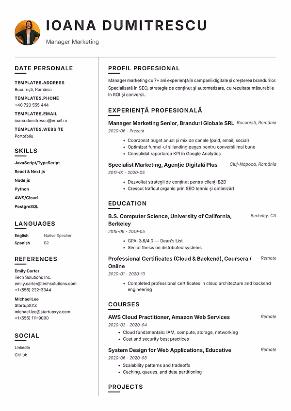 Previzualizare model CV Taylor în editorul CVhub.ro