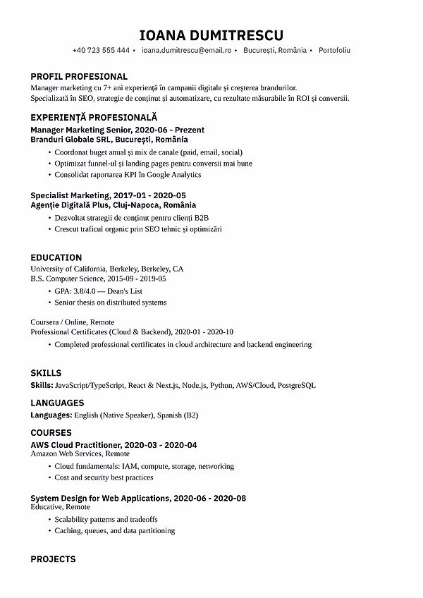 Previzualizare model CV Vienna în editorul CVhub.ro
