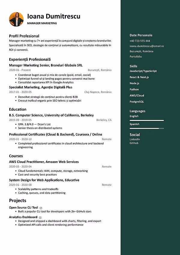 Previzualizare model CV Vivid în editorul CVhub.ro