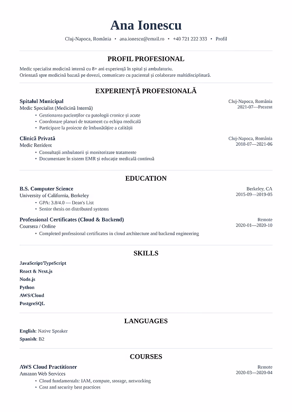 Previzualizare model CV Whitmore în editorul CVhub.ro
